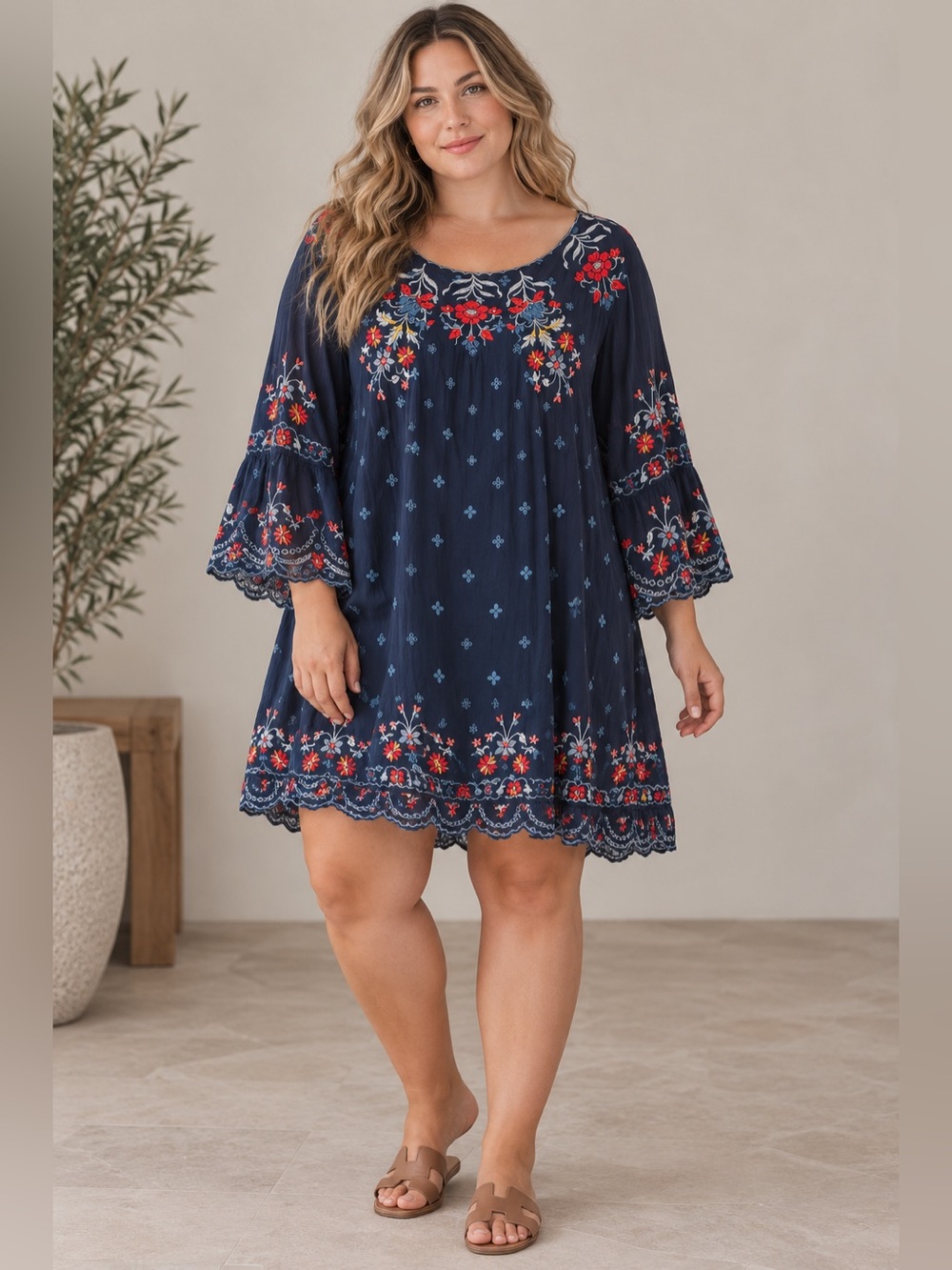 Johnny Was Navy Embroidered Floral Bell Sleeve Dress With Slip XXL EUC